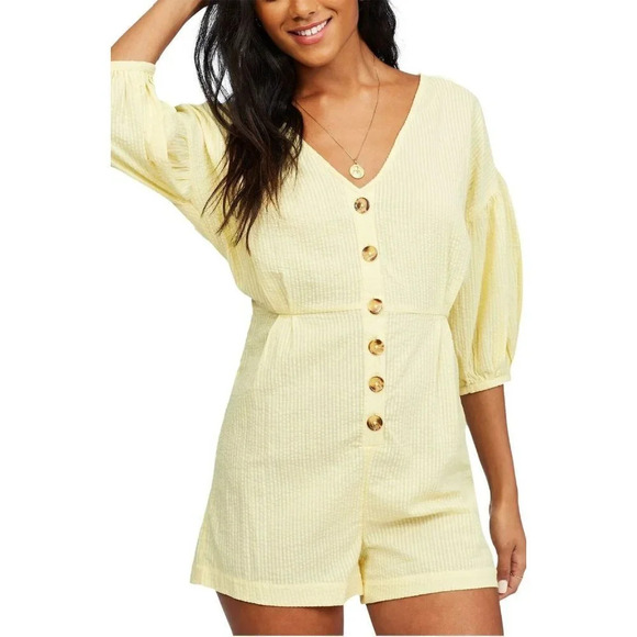 Billabong Womens Sun Valley Button Front Seersucker Romper Sunbeam Size M NWT‎ - Picture 1 of 11